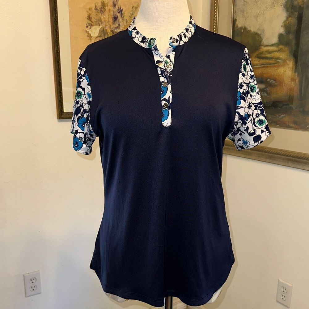 Callaway Floral Sleeve/Trim Navy and White Women's Top Size Large
